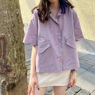 百思朵日系学院风香芋紫衬衫，女纯棉上衣，小清新宽松淡紫色短袖衬衣