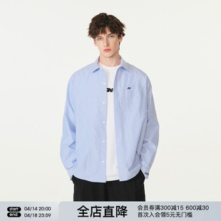 FORNINES刺绣竖条纹蓝色长袖衬衫男女情侣装上衣潮牌春季休闲外套