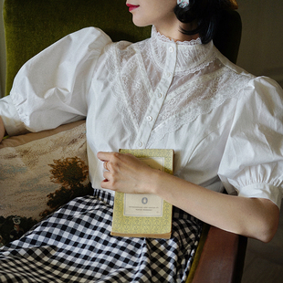 Ching's  vintage复古蕾丝拼接上衣 半高领泡泡五分袖重工白衬衫