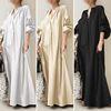 马来西亚服装复古V领棉麻长袖长袍连衣裙 Dubai women robe dress