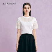 La Koradior拉珂蒂商场同款镂空蕾丝绣花圆领领衬衫纯棉短袖上衣