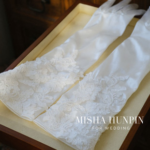 蜜纱婚品原创设计高级感蕾丝花朵缎面手套新娘婚纱礼服旅拍饰