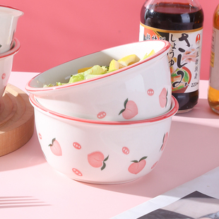 水蜜桃草莓陶瓷米饭碗家用可爱Ins风餐具情侣儿童碗勺套装盛粥碗
