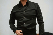 黑色衬衫高级感修身免烫抗皱长尖领英伦雅痞男黑色休闲长袖衬衫