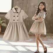 女童夏季时装短袖连衣裙中大儿童，韩版女孩时尚洋气双排扣欧美裙子
