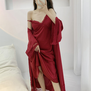 高级感红色长款丝绸，睡袍法式结婚新娘，晨袍性感蕾丝吊带睡衣两件套