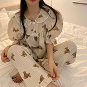 韩国东大门娃娃领泰迪熊，图套装睡衣女可爱花边，家居服人棉春夏睡衣