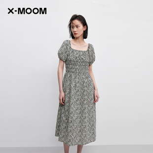 商场同款X--MOOM夏季泡泡袖超仙黑色小碎花中长连衣裙女