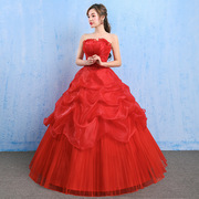 气质名媛婚纱礼服夏季韩式新娘结婚抹胸，大码孕妇齐地红色蕾丝显瘦