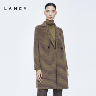lancy朗姿秋冬季宽松气质，羊毛大衣中长款羊绒复古格纹外套女