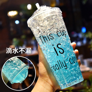 吸管水杯创意个性潮流碎冰杯女学生，夏天冰杯便携可爱清新塑料杯子