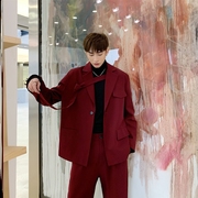 春季复古红色小西装男士韩版个性，飘带设计感网红宽松休闲痞帅西服