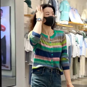 彩色条纹针织衫女2023秋季V领长袖设计感小众软糯薄款上衣潮