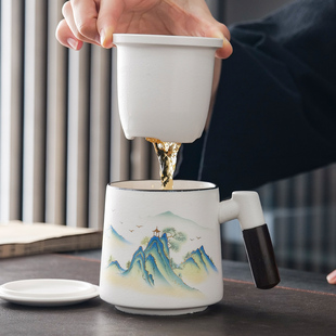 国潮茶杯陶瓷茶水分离泡茶杯，过滤带盖大容量马克杯办公室喝水杯子