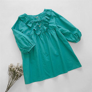 日本夏季纯棉宽松七分袖娃娃衫，甜美绿松石荷叶，边系带衬衫中袖衬衣