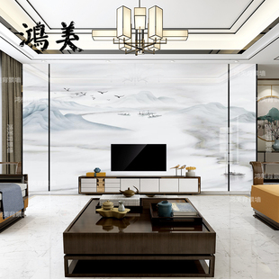 微晶岩板电视背景墙，新中式山水画瓷砖现代中式石材，影视墙沙发背景