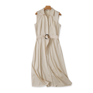 c94外贸连衣裙女夏季韩版纯色翻领，无袖单排扣气质高腰包(高腰包)臀裙