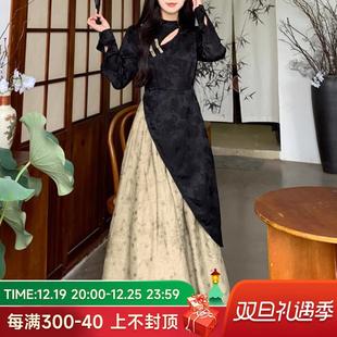 新中式假两件撞色长袖旗袍洋装秋冬季大尺码气质氛围感设计长裙子
