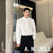 韩国版男装东大门23夏新发型师黑白纯色领带金属，装饰宽松长袖衬衫