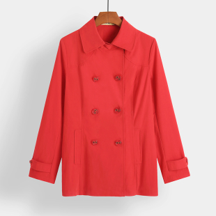 折扣女装风衣纯色英伦风，气质双排扣斜插袋通勤春秋红色外套