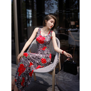 xulu原创针织印花复古豹纹，玫瑰性感优雅小众，气质无袖u型领连衣裙