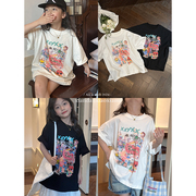 韩国夏装女童宽松纯棉卡通印花短袖，t恤儿童涂鸦黑白色半袖上衣