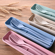 筷子勺子叉子三件套装小麦秸秆便携旅行儿童餐具环保收纳盒一人份