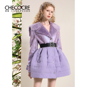 茬客保暖羊羔毛外套(毛外套)女装，冬装皮毛一体拼接温柔紫色棉服外套裙上衣