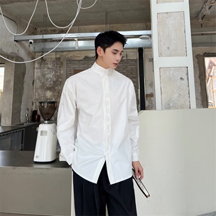 秋季新中式小立领白衬衫男长袖书法刺绣设计感复古百搭衬衣打底衫