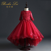 儿童礼服公主裙女童走秀婚纱蓬蓬纱红色，长袖花童主持人钢琴演出服