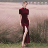 形体旗袍晚礼服女年轻款红色丝绒鱼尾裙气质改良版连衣裙走秀长款