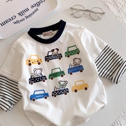 男童假两件长袖T恤 日系秋季儿童宝宝小汽车卡通洋气纯棉上衣