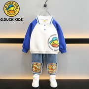 小黄鸭男童秋装套装，2023洋气儿童polo衫男宝宝，春秋款时髦衣服