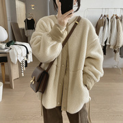 韩国羊羔毛外套(毛外套)女冬宽松显瘦设计感小众，拼接棉衣加绒加厚毛绒大衣