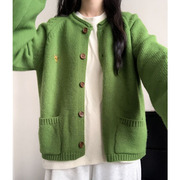 日系复古绿色针织开衫，毛衣外套学院风，春季慵懒宽松风软糯上衣