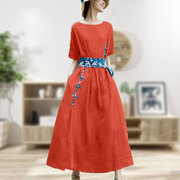 桔红色原创设计民族风女亚麻，连衣裙2024春夏盘扣，气质棉麻长裙