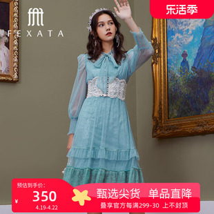 商场同款fexata连衣裙，2023秋季系带领收腰仙气网纱淑女裙