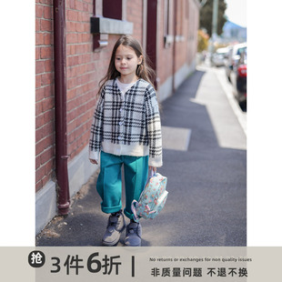 史豌豆(史豌豆)女童格子针织，开衫宝宝2023秋冬加厚时髦女宝宝毛衣外套