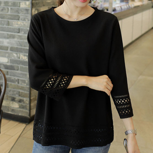 女式韩版夏天蕾丝雪纺打底衫镂空中长款宽松大码黑色，短袖t恤上衣t