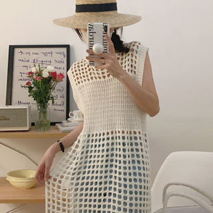 韩国chic夏季复古气质圆领网格镂空设计侧开叉无袖针织背心连衣裙