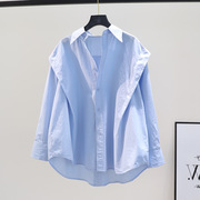 浅蓝色荷叶边长袖衬衫女春季洋气减龄设计感宽松休闲衬衣外套