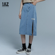 IAZ2021年秋季女A字高腰薄款纯棉中长款开叉直筒半身牛仔裙