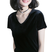 T恤女装纯黑色短袖春夏季V领韩版修身大码宽松百搭款潮流时尚