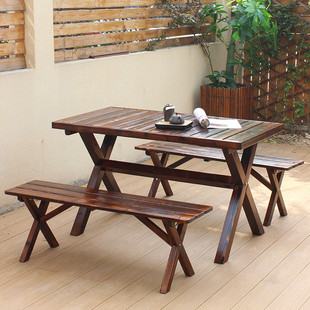 户外庭院桌椅室外露天碳化木防水桌凳组合五套件阳台田园复古桌椅