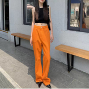 timestudio女装橘色，微喇叭裤2023秋高腰，水洗棉橙色牛仔裤