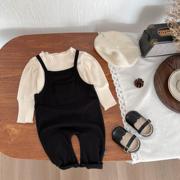 ins韩国婴儿衣服春装洋气女宝宝背带长裤+泡泡袖打底衫T恤两件套