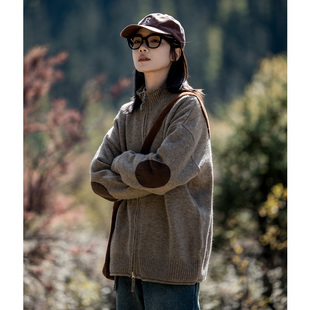 mountainvalley2023秋冬日系，复古补丁袖拉链针织衫，开衫男女毛衣