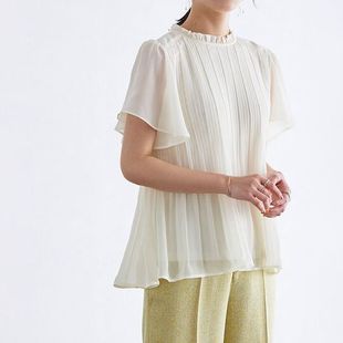 2023年夏季日本女士喇叭百褶小立领短袖雪纺衬衫