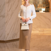 米白色小香风套装裙秋冬2023时尚洋气气质修身显瘦长袖两件套