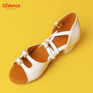 SZ舞鞋少儿拉丁舞女童双排扣小白鞋可自由调节比赛训练舞蹈鞋